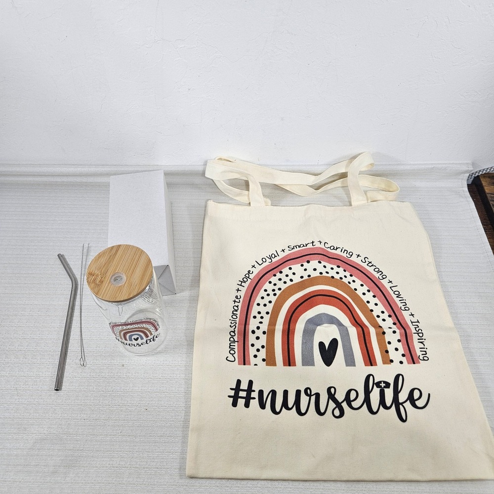 Nurselife Gift Set Glass Tumbler Bamboo Lid Metal Straw and Canvas Tote Bag